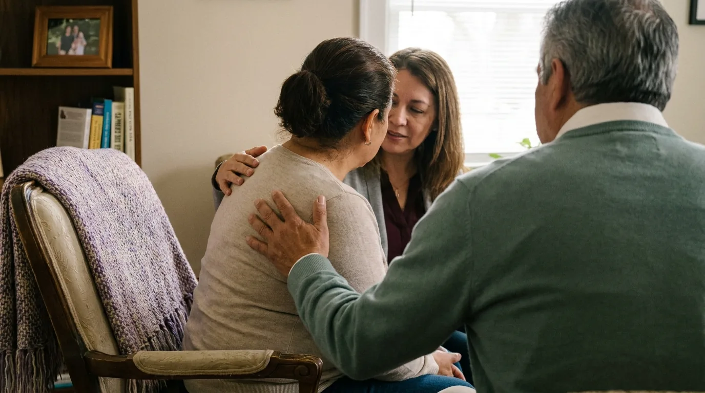 Two people in warm, animated conversation in their own language — the ease and relief of being fully understood