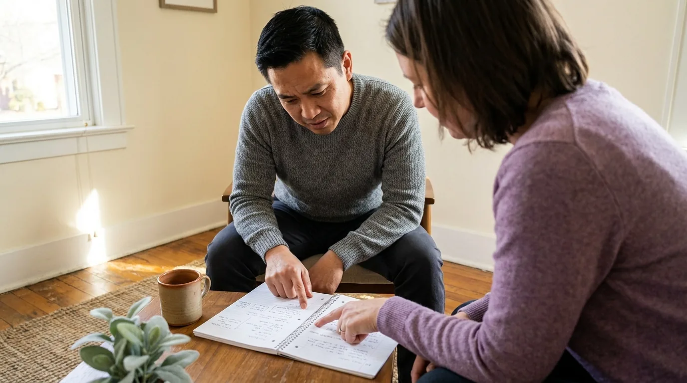 A client and therapist leaning over a shared notebook together, working a worry into something practical — the collaborative, side-by-side work of CBT