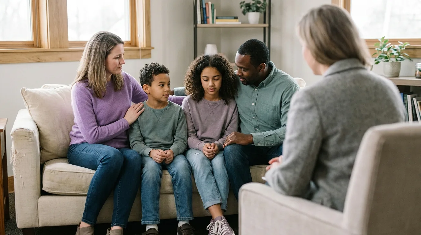 A whole family — two parents and two children — together on a couch in session, a therapist attending to how they connect as one