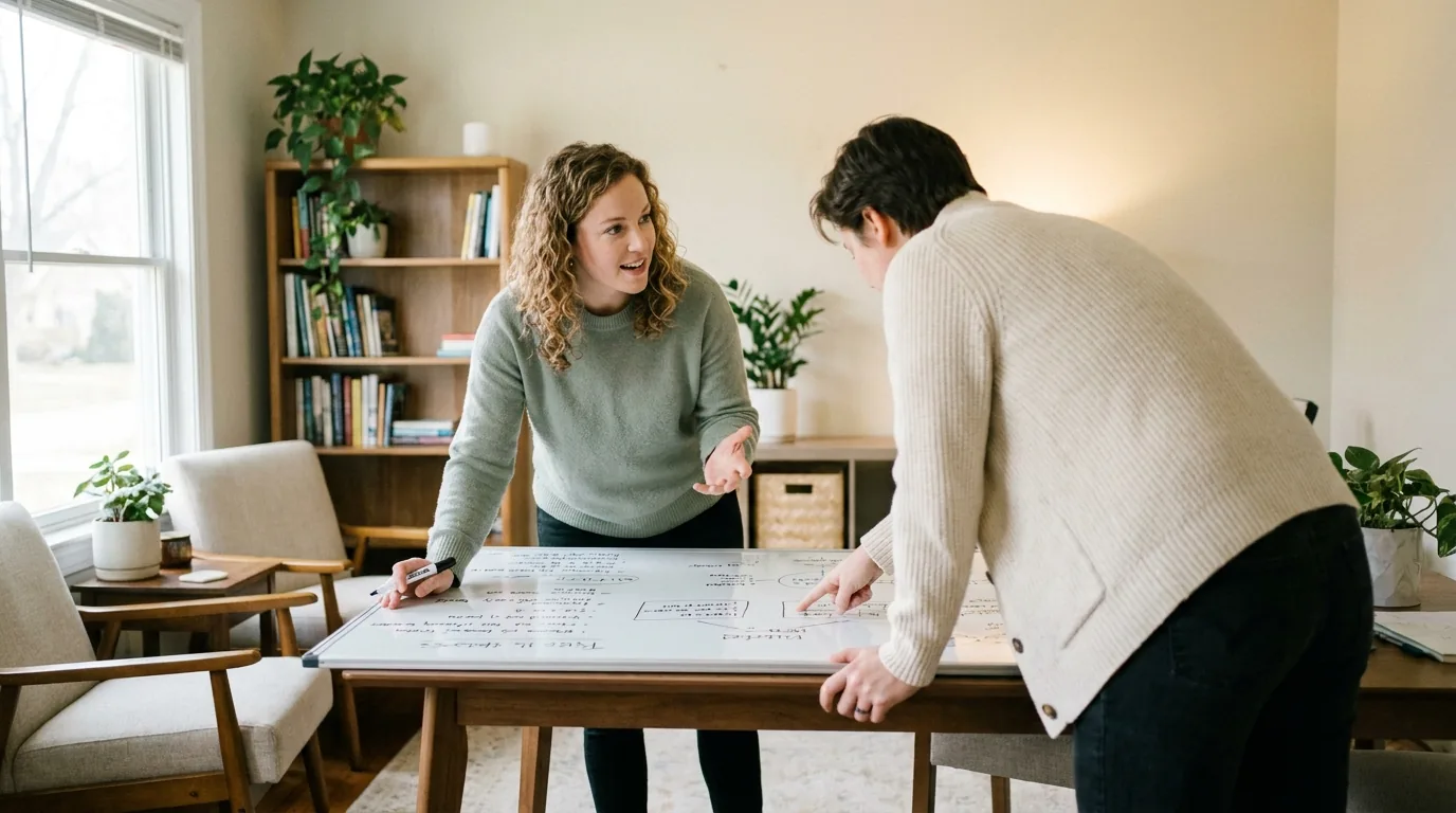 A client and therapist mapping next steps across a table of notes, an encouraging hand on the shoulder — focused on what is working and moving forward