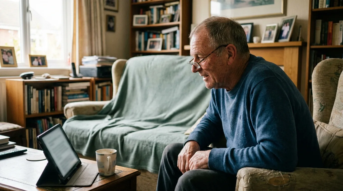 A person in a therapy session from their own living room by laptop, wrapped in the comfort of home