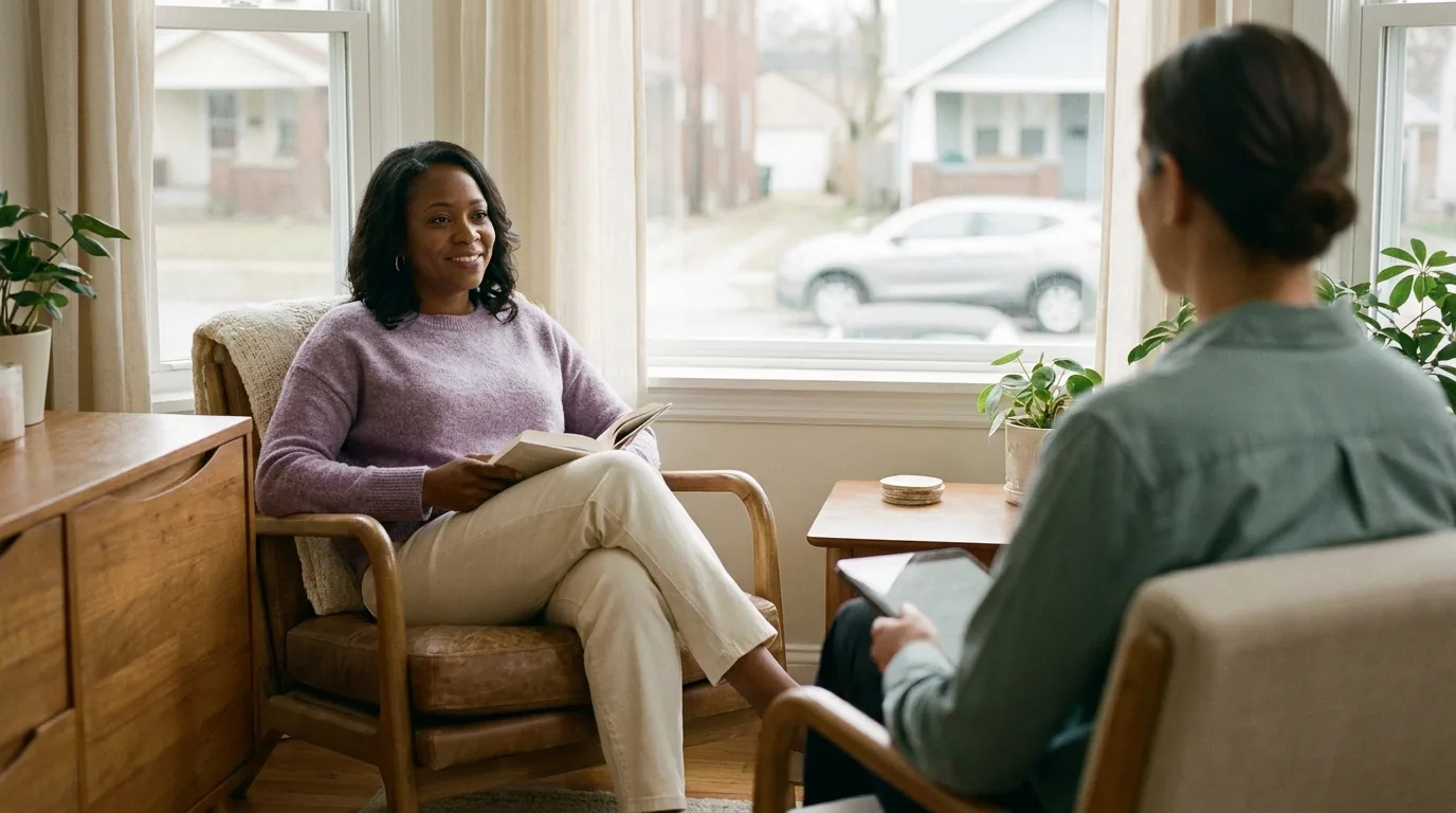 A client at ease in an armchair with a warm mug, unhurried and in control of the pace, a therapist offering steady, gentle presence