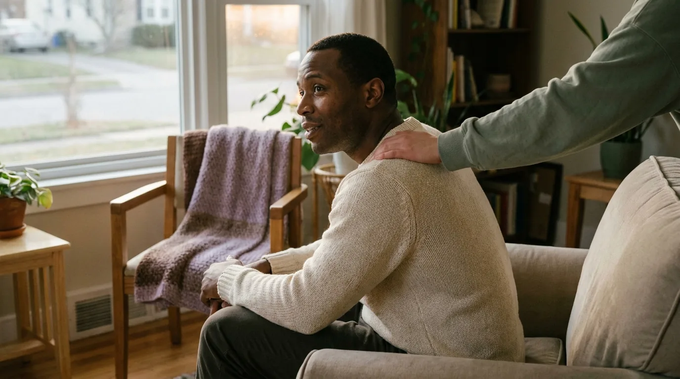 A man beside a bright window with a supportive presence close behind him, warm light and the first turn toward relief.