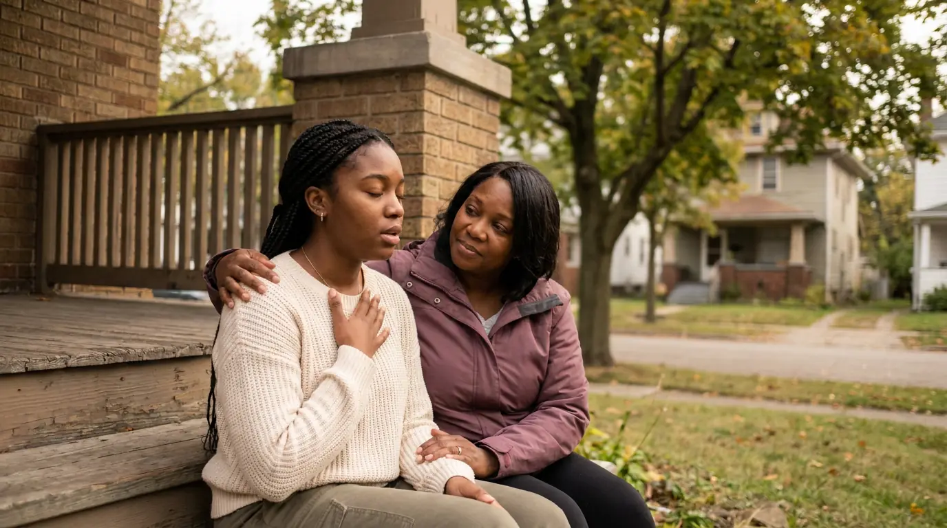 A young Black woman sits on the wooden steps of a brick Akron porch with a hand resting on her chest, eyes closed as she breathes, while an older woman beside her keeps an arm around her shoulders on a tree-lined street.