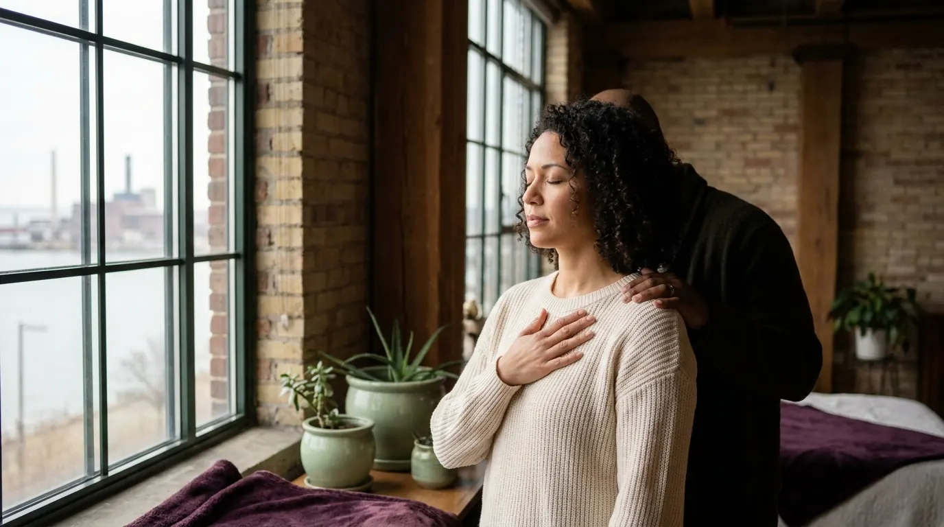 A Latina woman with curly hair stands at the tall windows of a brick Cleveland loft, eyes closed with a hand over her heart, as a supportive figure behind her rests a hand on her shoulder and the lakefront shows through the glass.
