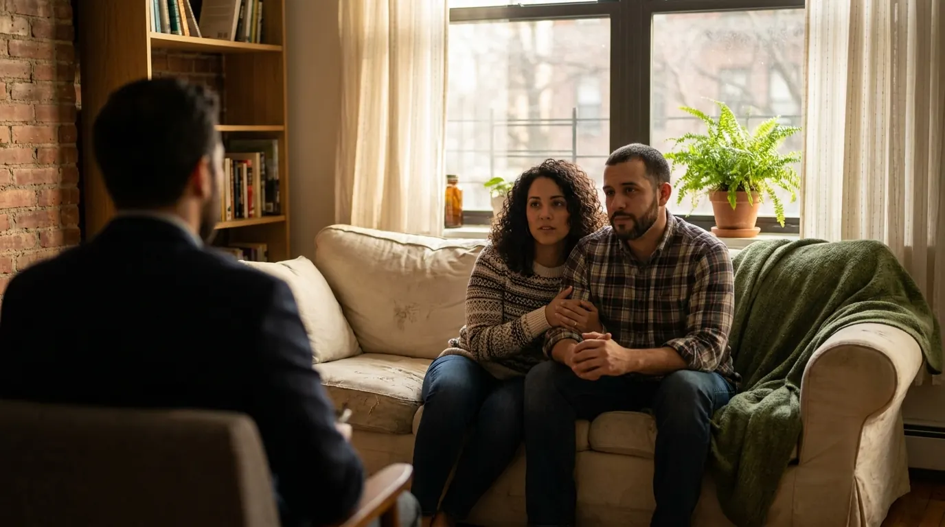 A Latino couple sit close together on a cream sofa in a warm brick-walled Cleveland living room, her arm wrapped around his, listening to a counselor seen only from behind in the foreground.