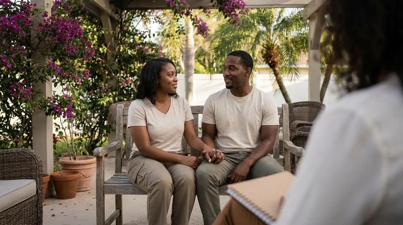A Black couple hold hands on a wooden bench under a shaded patio pergola in Orlando, bougainvillea and palms around them, as a counselor with a notebook sits out of focus in the foreground.