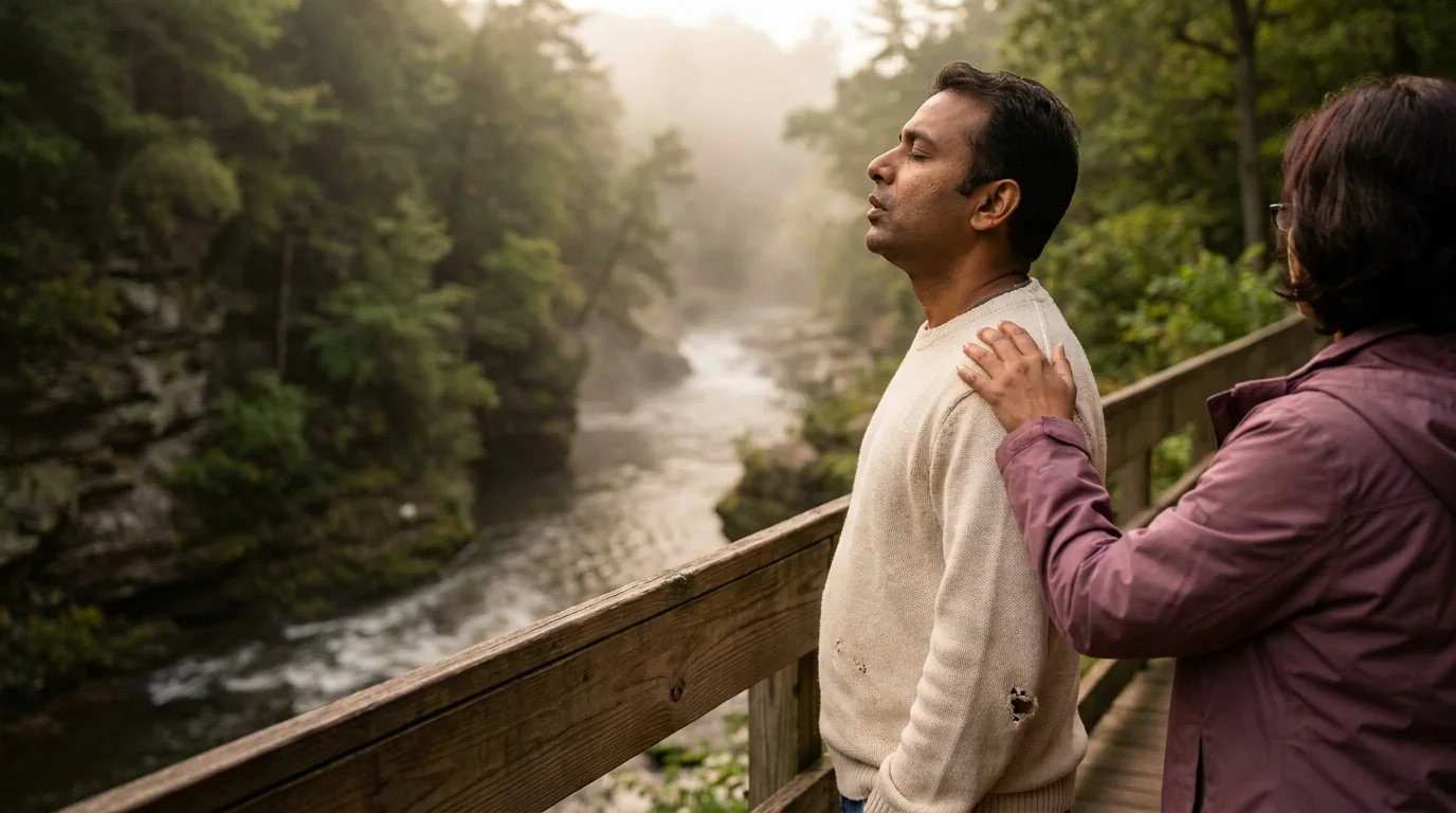 A South Asian man stands at the rail of a wooden boardwalk above the misty Cuyahoga River gorge, eyes closed and exhaling, while his partner rests a hand on his shoulder.