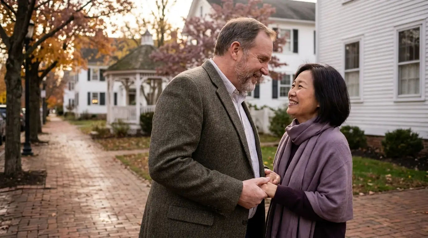 A middle-aged couple hold hands and smile at each other on a brick sidewalk in Hudson, Ohio, with a white gazebo, clapboard homes and autumn maples behind them.