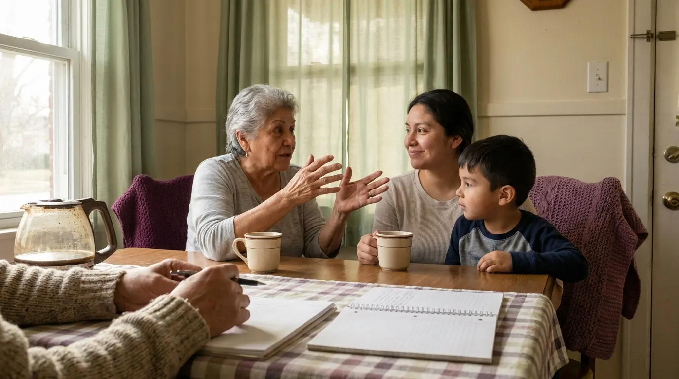 A grandmother speaks with her hands while a mother smiles and a young boy listens at a kitchen table in a Cleveland home, with a bilingual therapist's hands, pen and open notebook in the foreground.