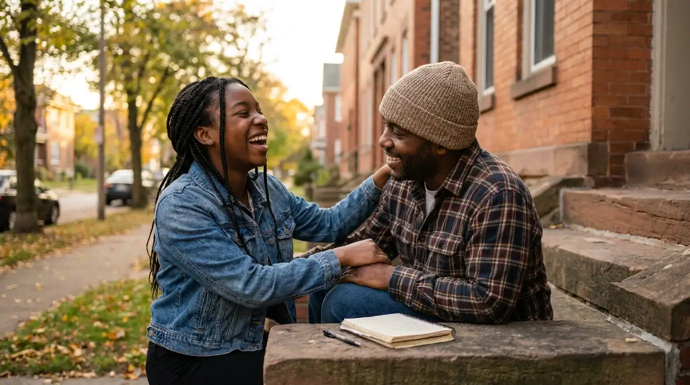 A Black teenage girl with braids laughs with her father on the stone stoop of a Cleveland brick row house in golden afternoon light, a notebook and pen resting on the step beside them.