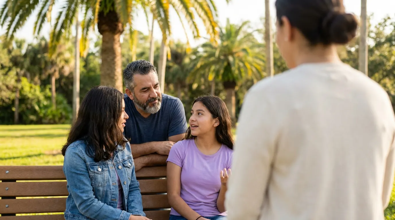 A Latina teenage girl speaks openly on a park bench beneath tall palms in Orlando, her father and a family member close beside her, with a therapist seen only from behind in the foreground.