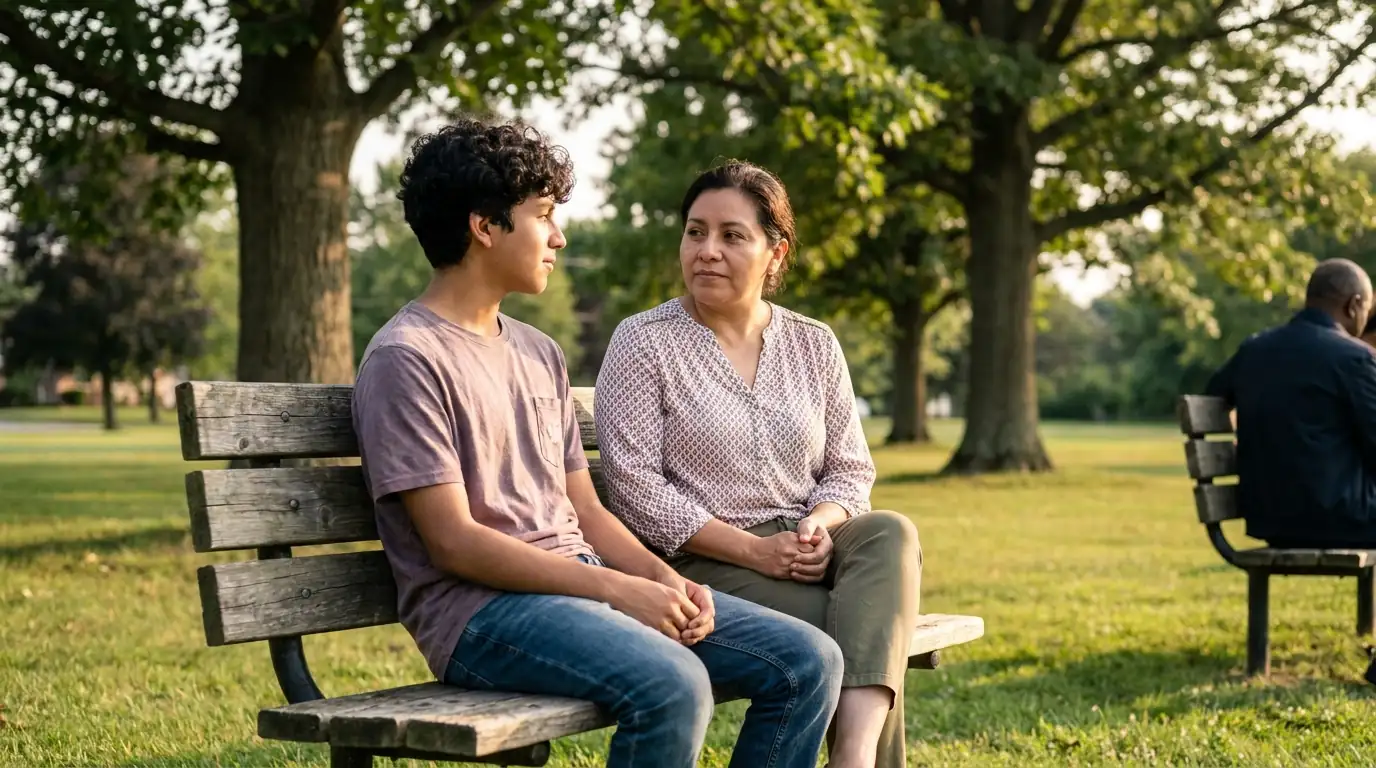 A Latino teenage boy and his mother sit together on a wooden park bench under tall oaks in Stow, mid-conversation in soft evening light, with a therapist seated out of focus on a bench behind them.