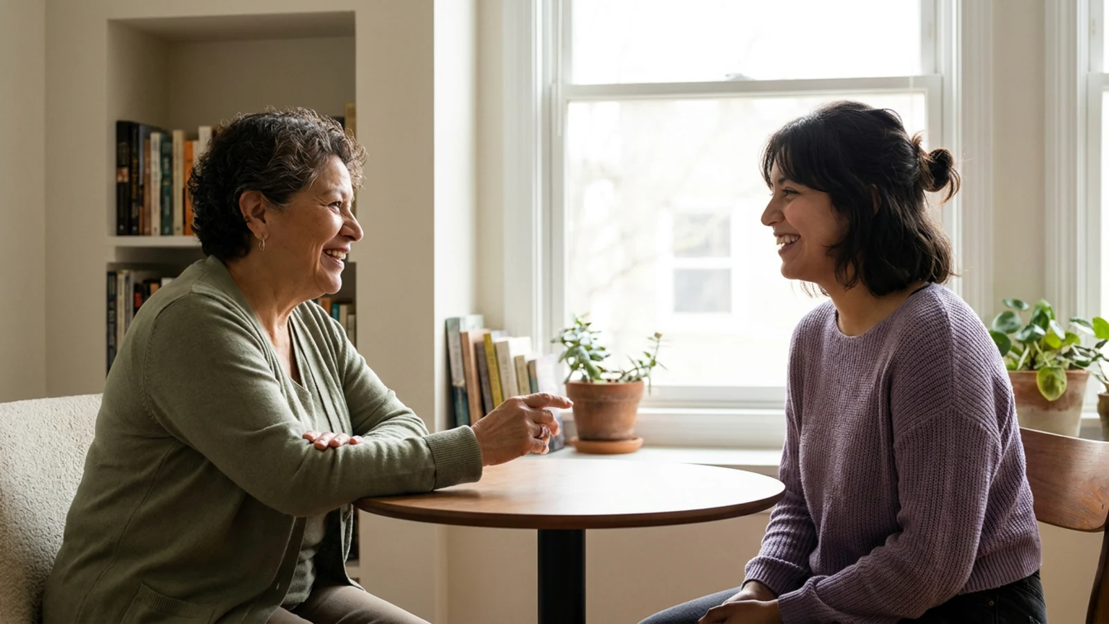 A therapist and an older client talking warmly across a small table in a sunlit room, in a fluent, easy conversation