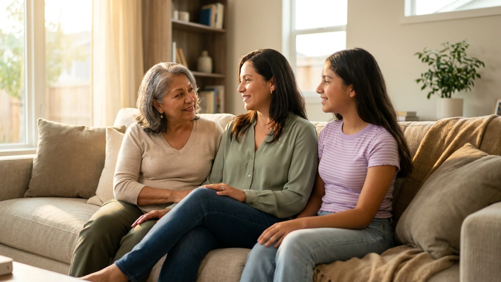 A grandmother, a mother and a teenage daughter seated together on a sofa in warm light, all three in the same conversation