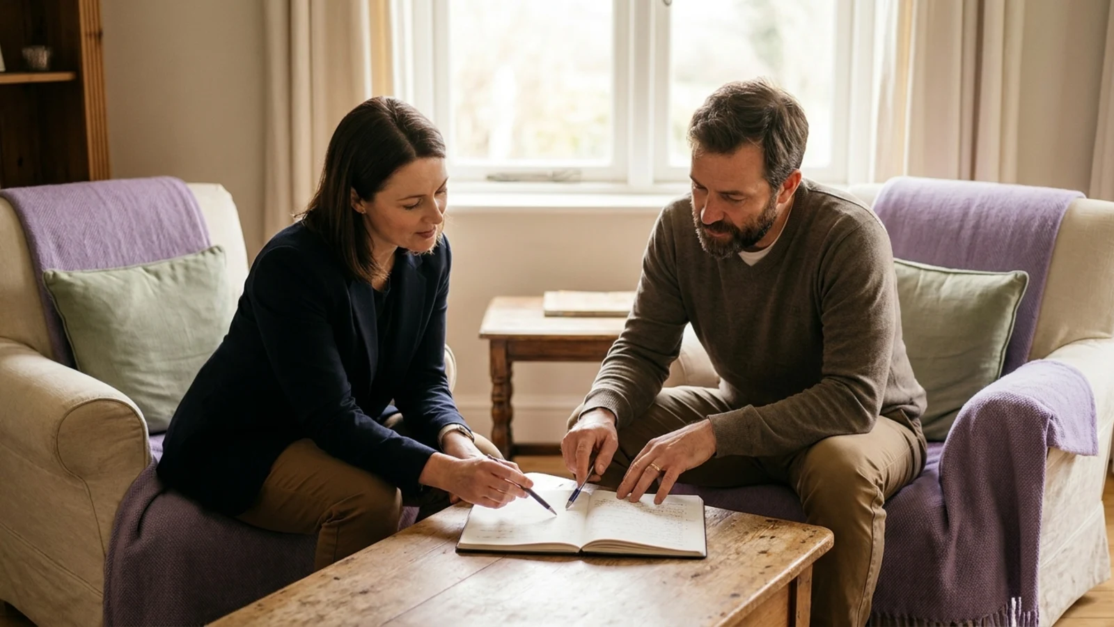 A therapist and a client working through something concrete together over an open notebook on a low table