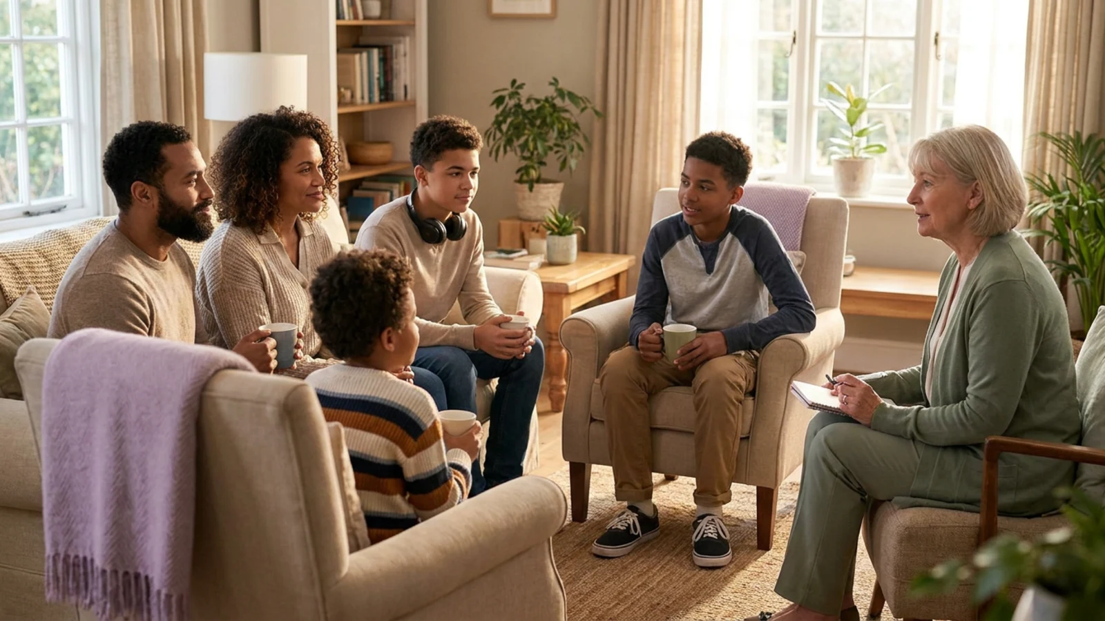 Two parents, a teenager and a younger child seated in a loose circle with a therapist — everyone included