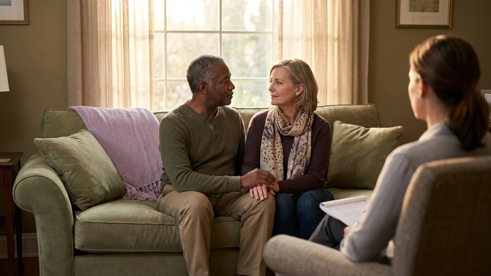A couple sitting together on a sofa facing a therapist, turned toward each other rather than apart