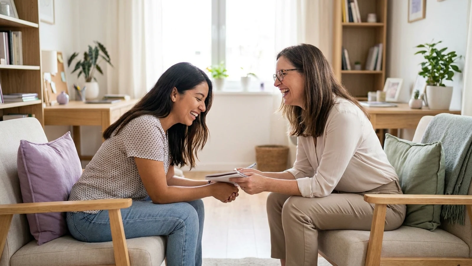 A young woman and her therapist laughing together in a bright room — the moment of noticing something that already works