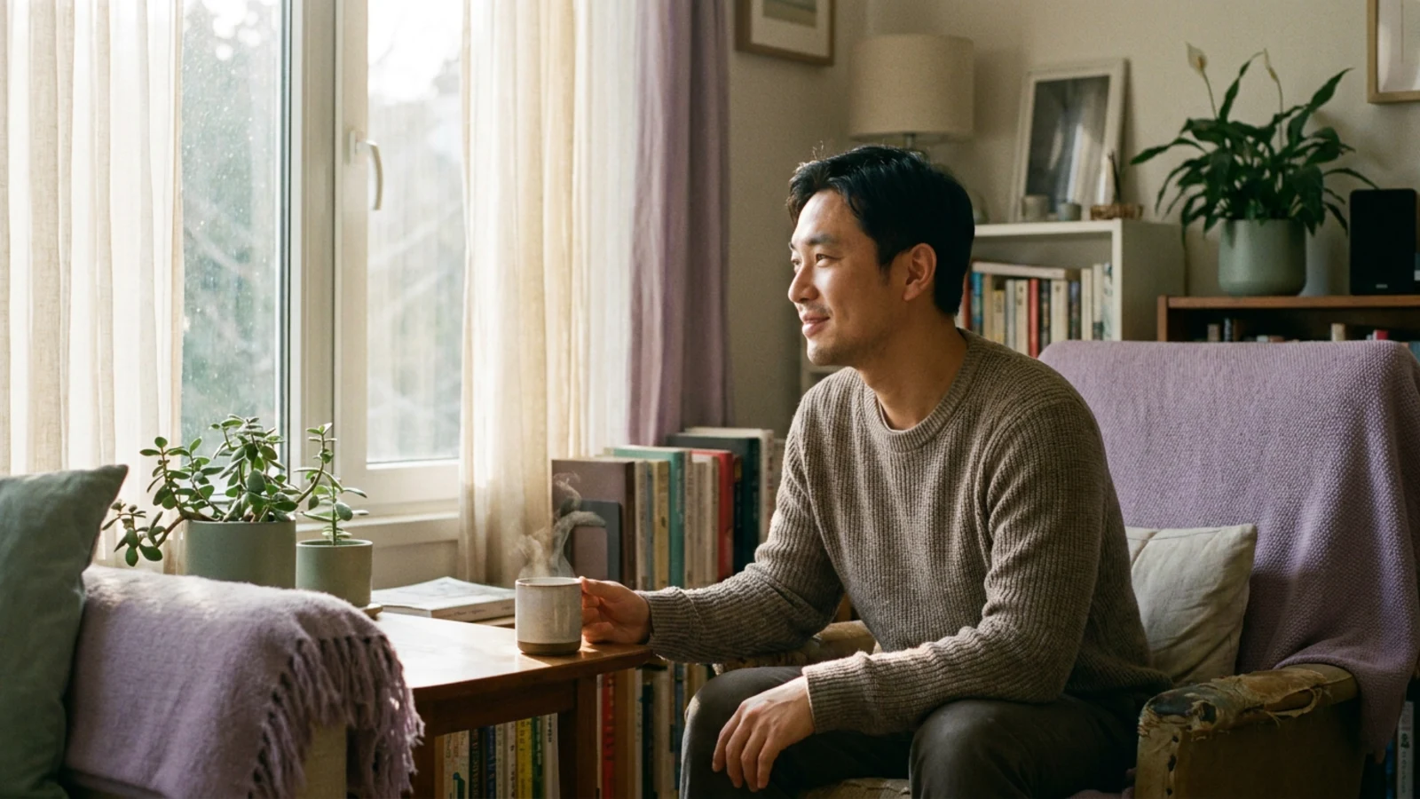 A man sitting by a window in warm morning light, looking ahead with quiet optimism