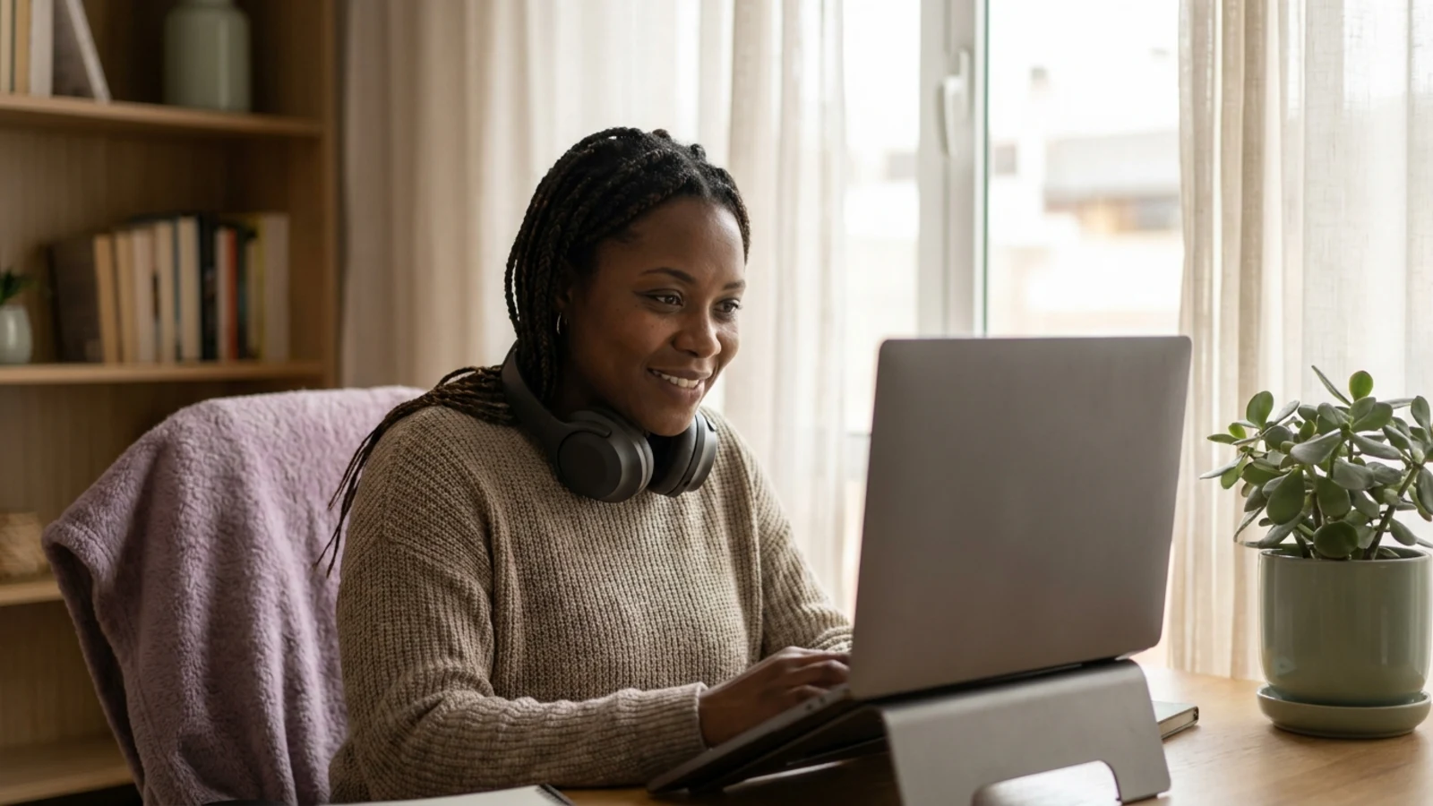 A woman at a home desk in a video therapy session, relaxed and at ease in her own space, no screen content visible