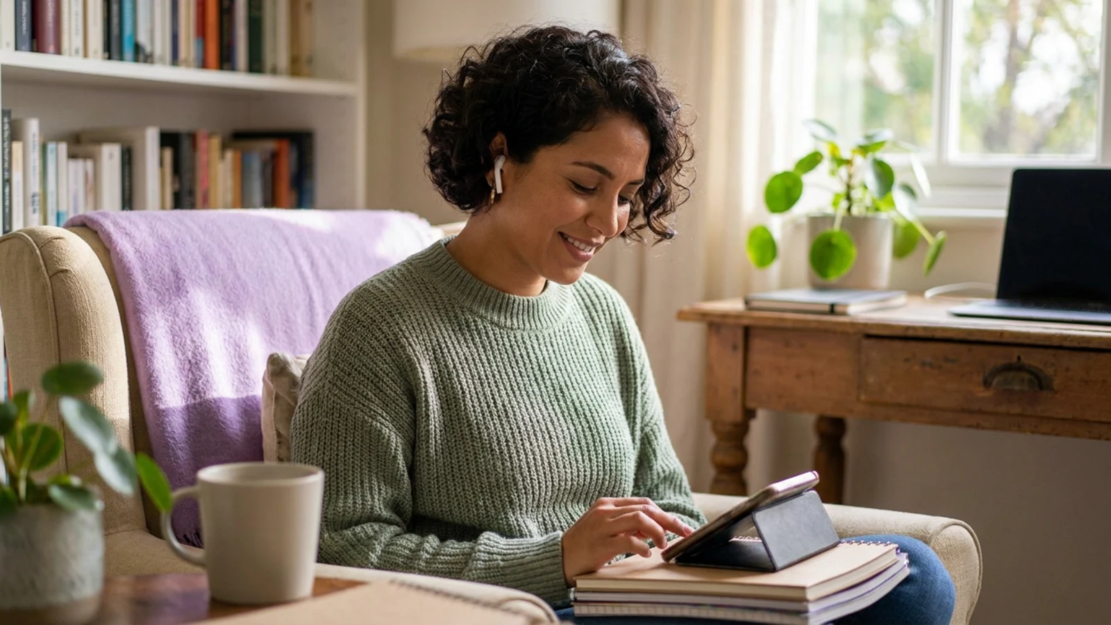 A mother sitting in a quiet corner of her home with earbuds in and a phone propped up — a private moment carved out of a busy day