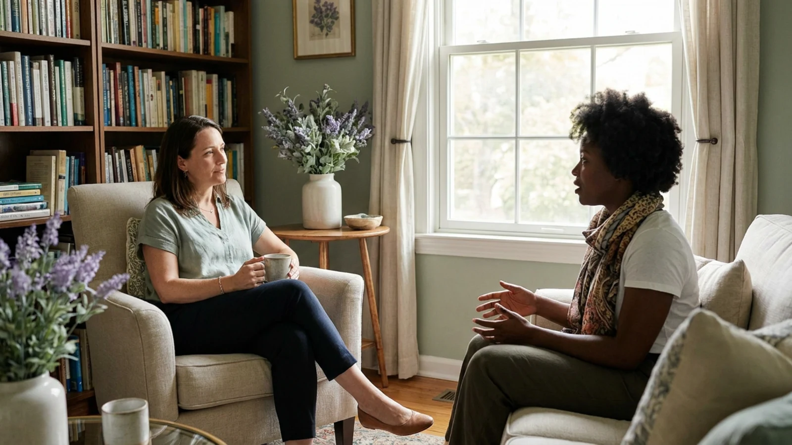 A therapist sitting back with open, unhurried body language while her client speaks