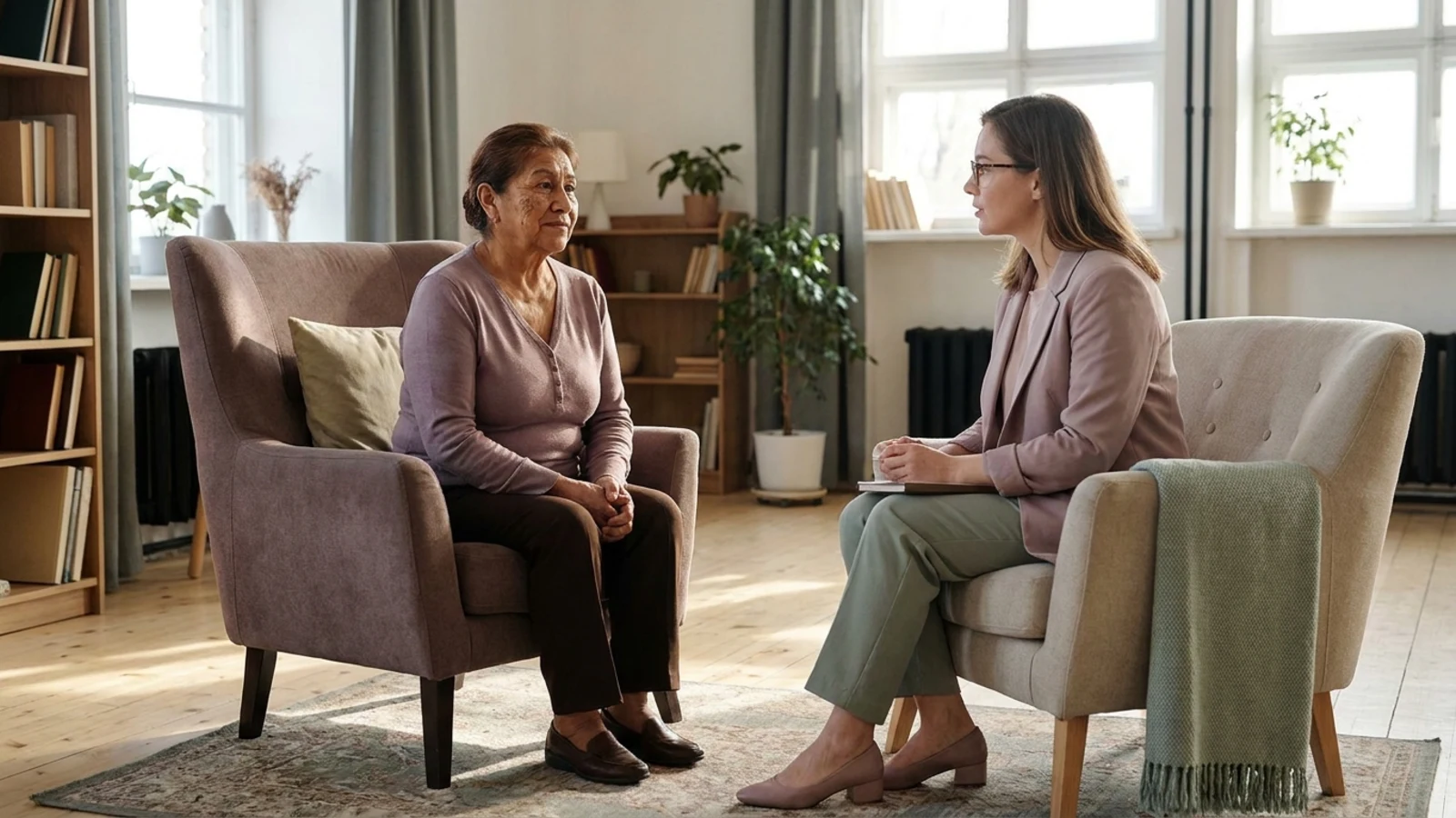 A client and her therapist in chairs turned slightly toward each other with comfortable space between them, afternoon light across the floor