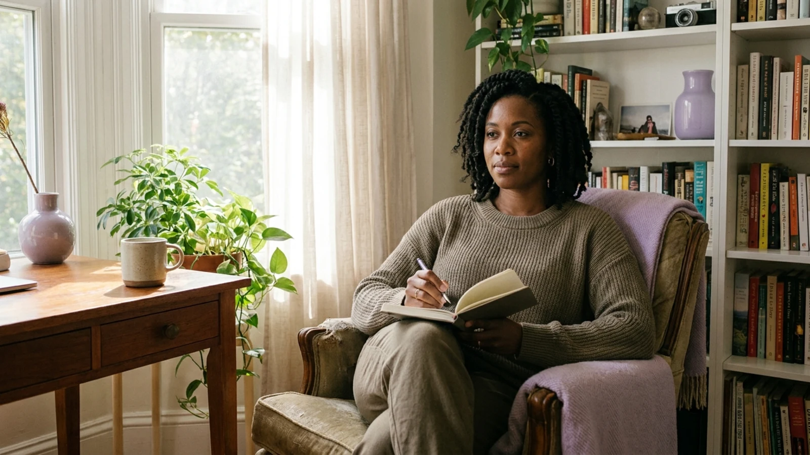 A therapist writing in a notebook in a sunlit armchair at home, plants and bookshelves around her