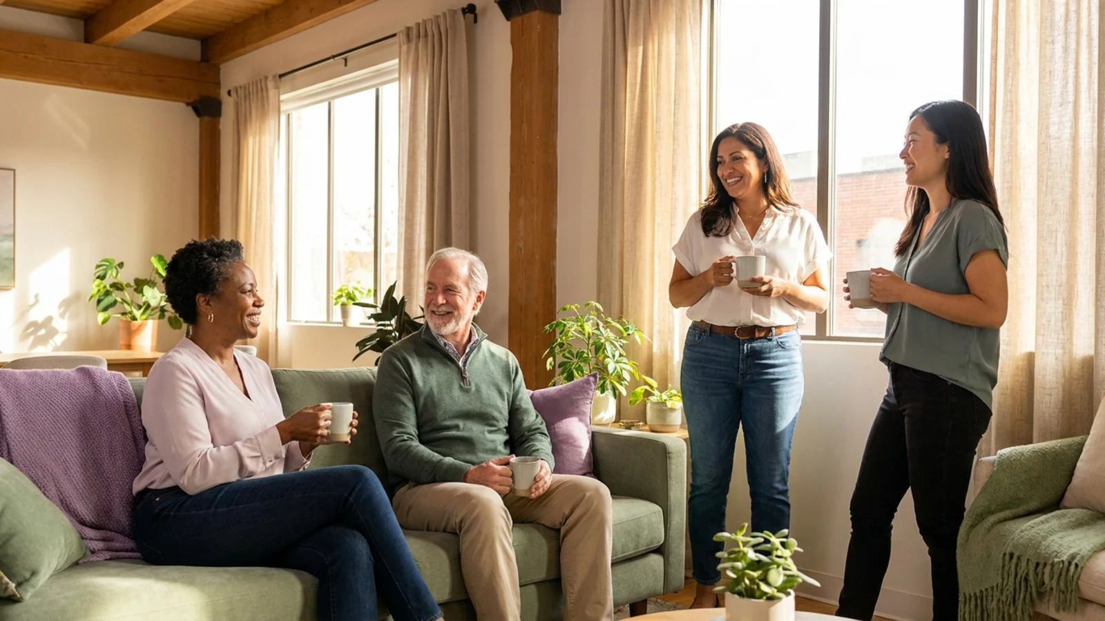 Four colleagues of different ages and backgrounds talking easily over coffee in a bright, warm office