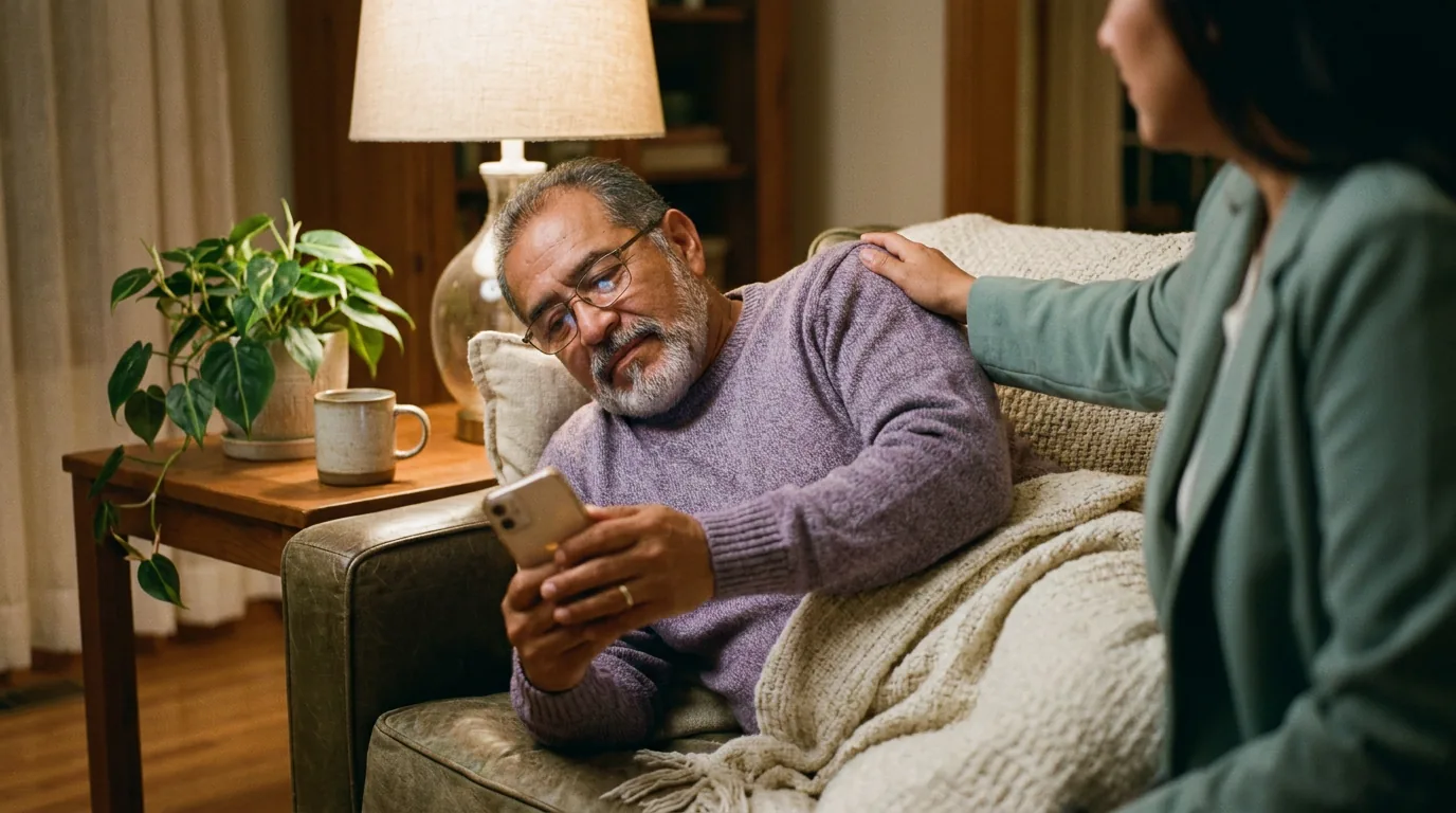 A man relaxing on his couch at home in warm lamplight, phone in hand, a supportive presence beside him — steady support between sessions