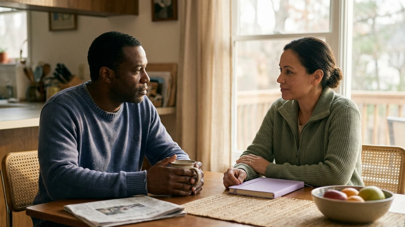 A man in his forties talking honestly with a woman across a kitchen table, a coffee mug in his hands, in warm morning light