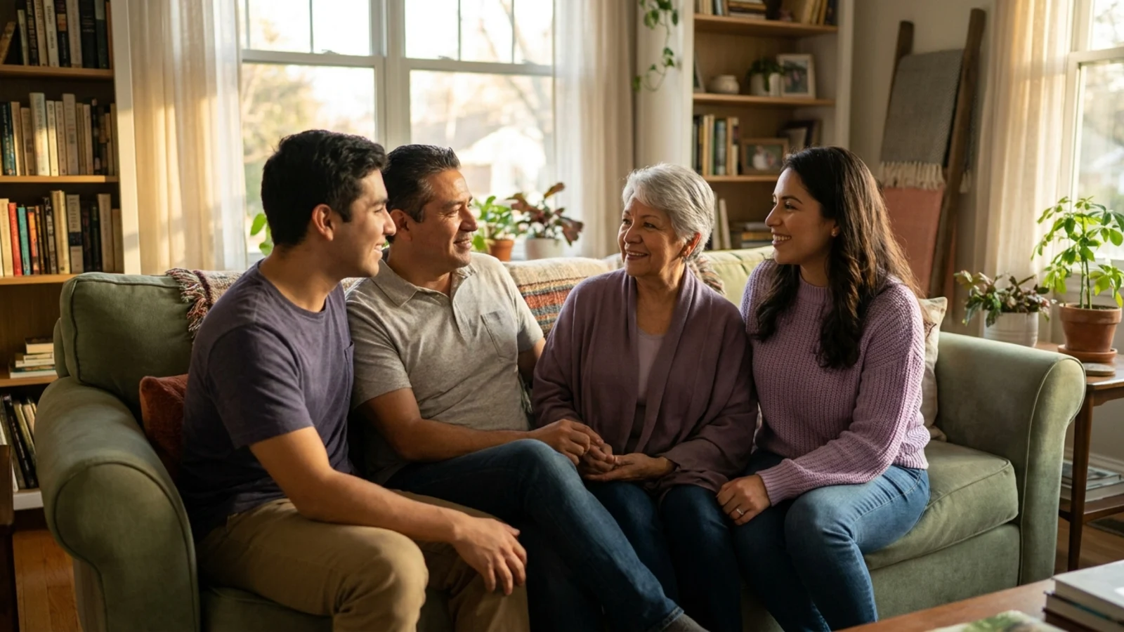 A family of four sitting together on a living-room sofa, turned toward one another mid-conversation in warm afternoon light