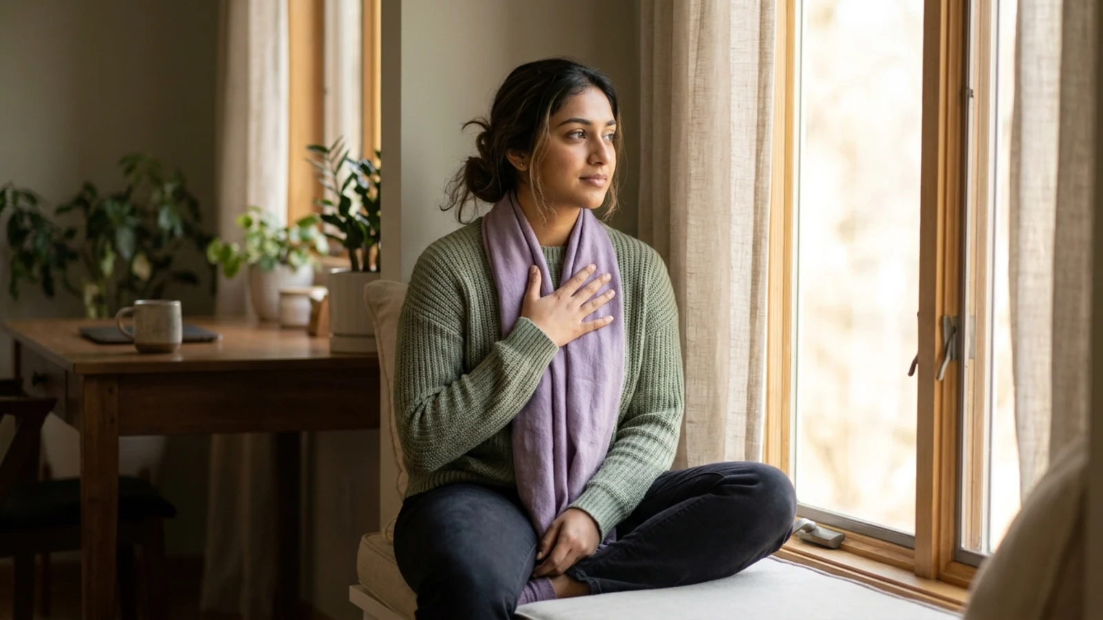 A young woman sitting by a bright window with one hand resting over her chest, steadying her breathing