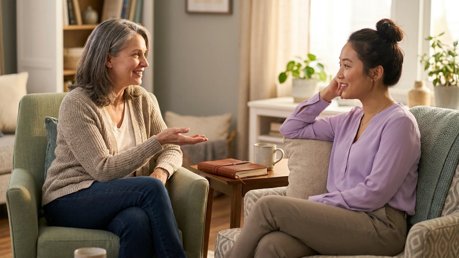 A therapist and a client sitting in armchairs angled toward each other, relaxed in the middle of a conversation