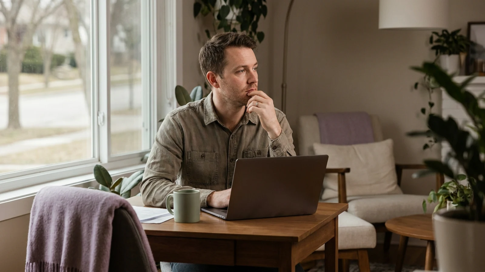 A man at a desk by a window, laptop open but forgotten, looking out — tired but composed