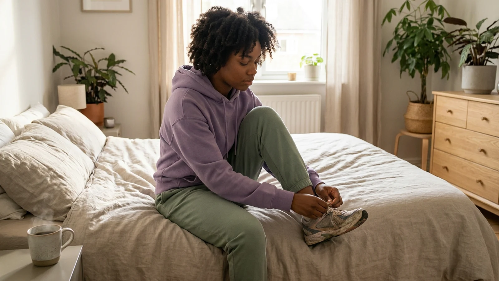 A young woman lacing her running shoes on the edge of a bed in warm morning light — one small, deliberate first step