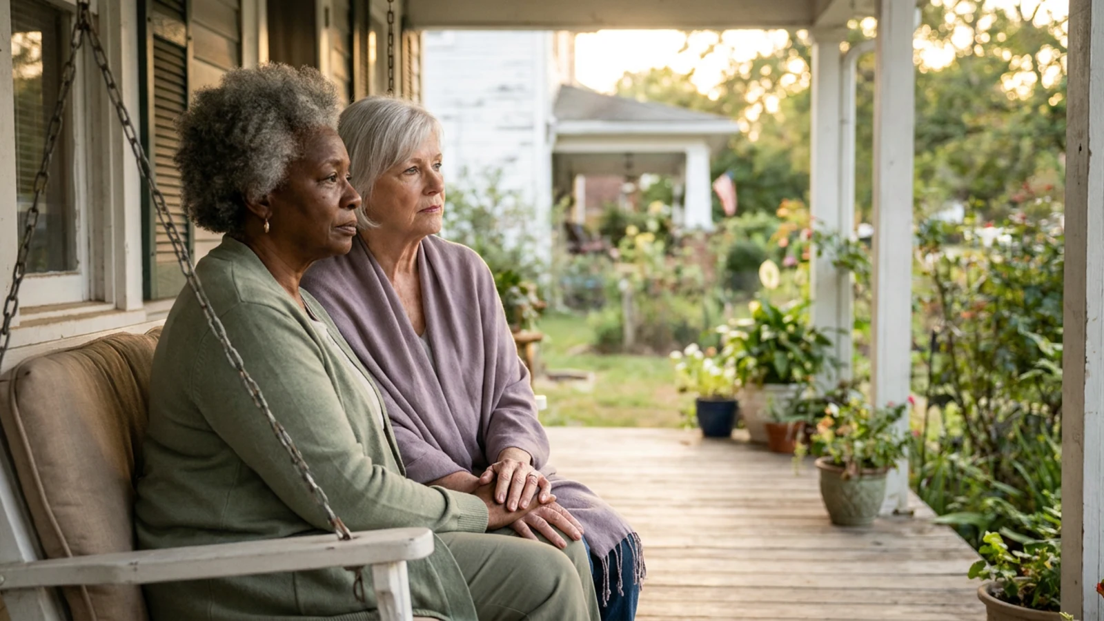Two older women sitting close together outdoors, one hand resting over the other’s, sharing a quiet grief at golden hour