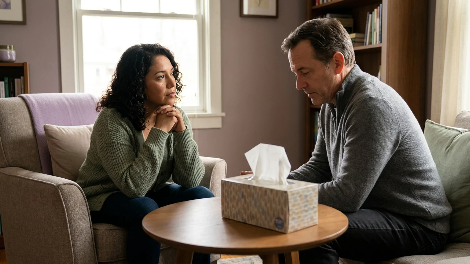 A therapist leaning slightly forward, listening without hurry to a man in a warm consulting room