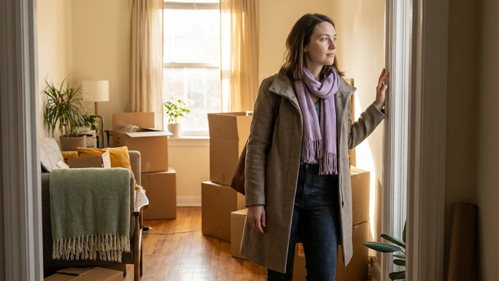 A woman pausing in the doorway of a half-packed apartment among moving boxes, thoughtful rather than sad