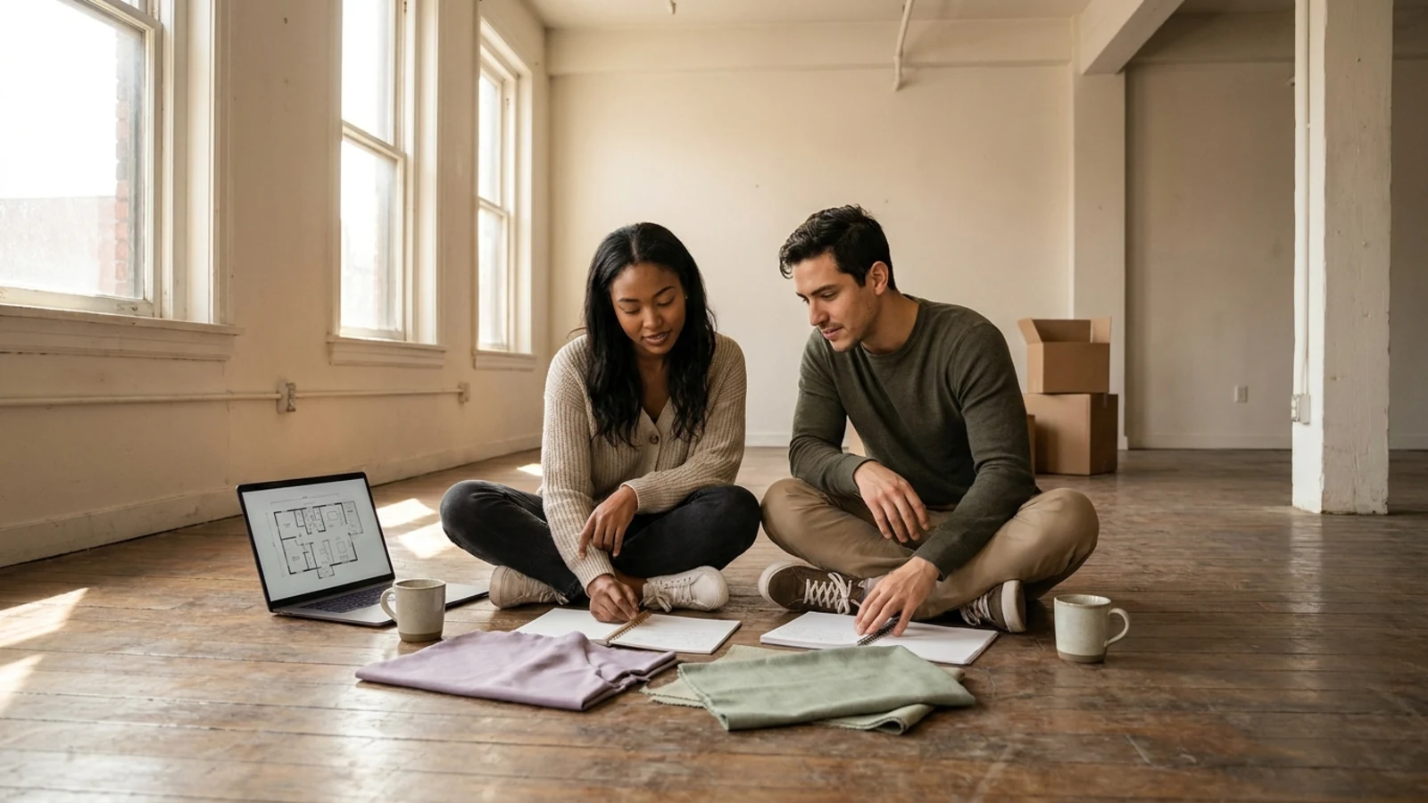 A young couple sitting on the floor of a new apartment with a laptop and coffee between them, planning together