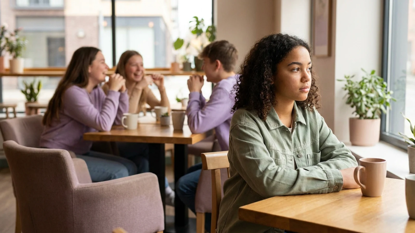 A teenage girl sitting at the edge of a group of friends in a bright cafe — present, but holding back