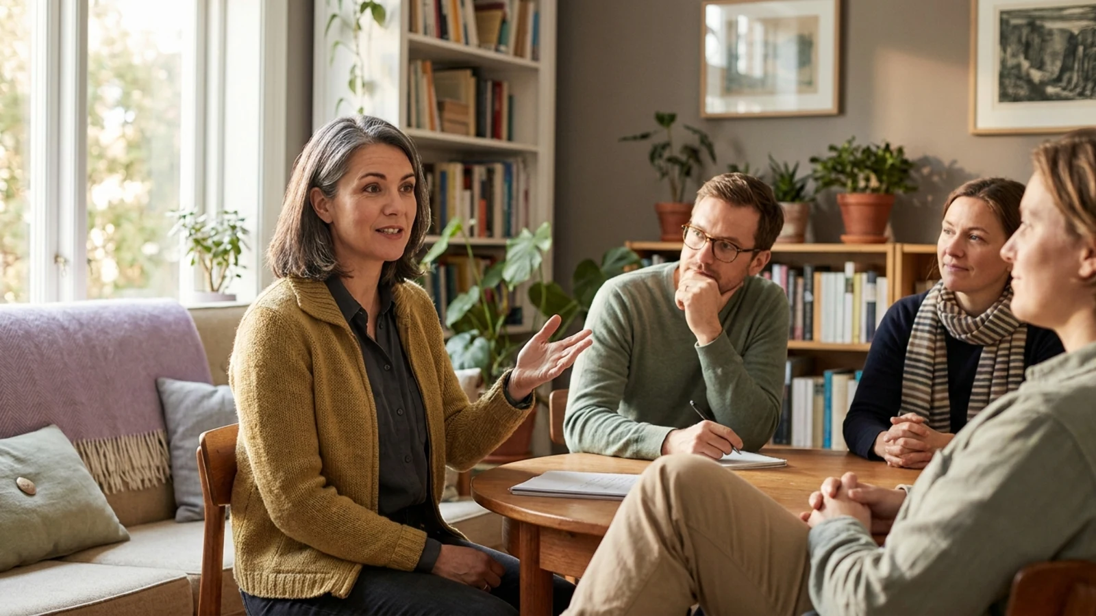 A woman speaking confidently in a small workplace meeting while her colleagues listen