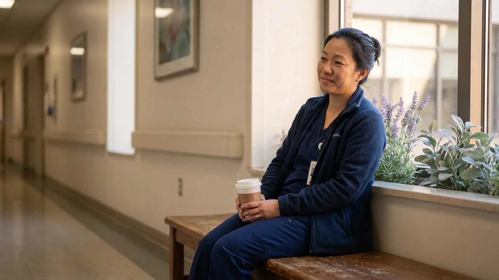 A nurse in scrubs sitting on a bench at the end of a shift, coffee cup in hand — exhausted but dignified