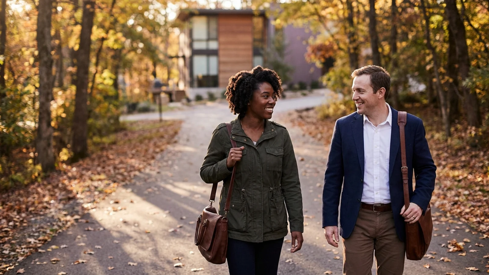 Two colleagues walking and talking easily on a tree-lined path in the late afternoon sun