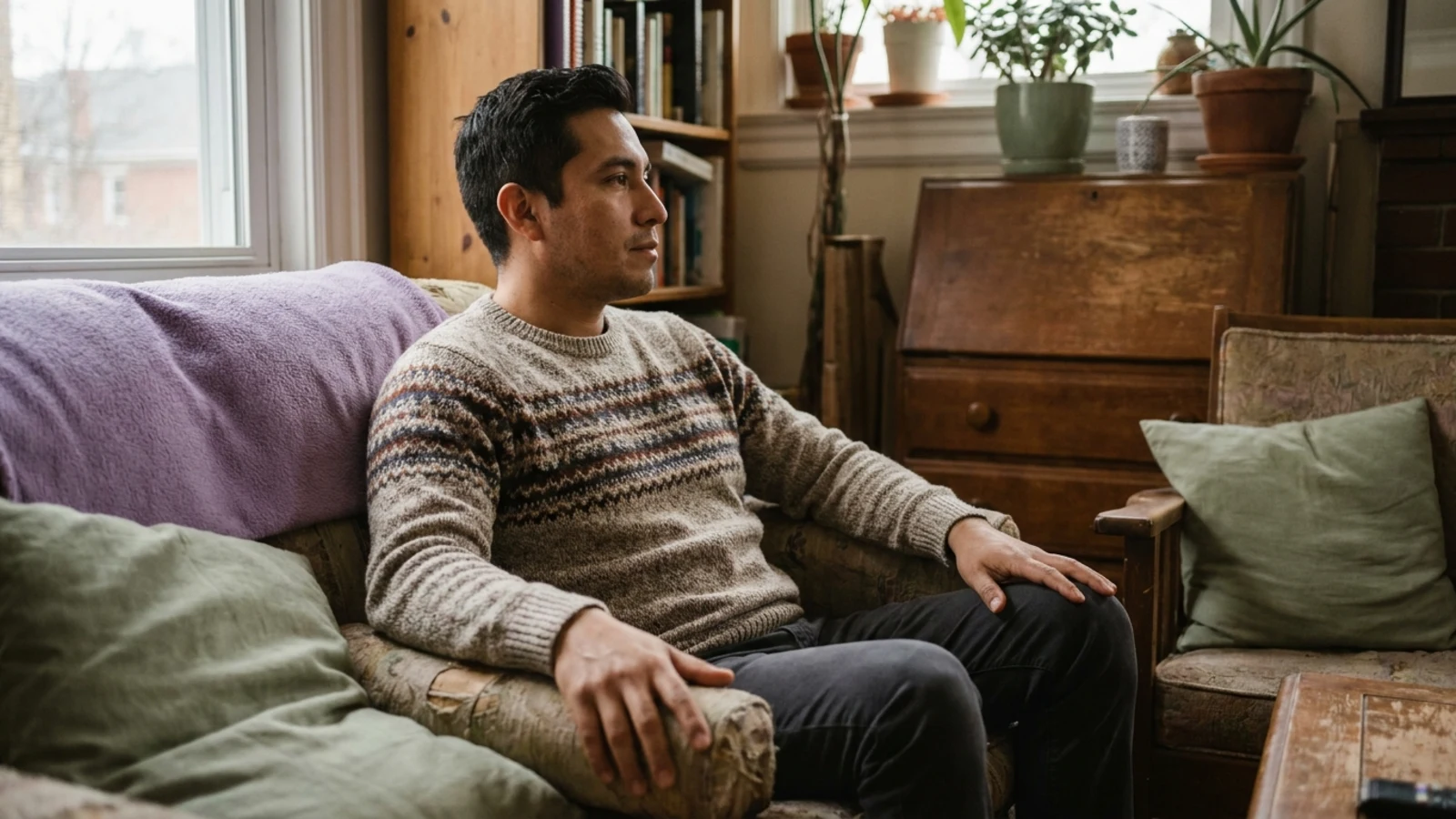 A man sitting in a warm living room, grounded and still, one hand flat on the arm of the chair