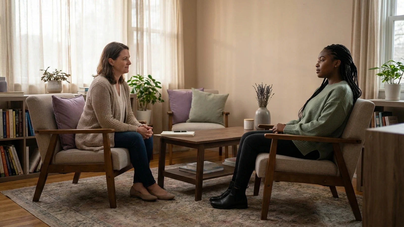 A therapist and a young client in a softly lit room with unhurried space between their chairs, the client setting the pace