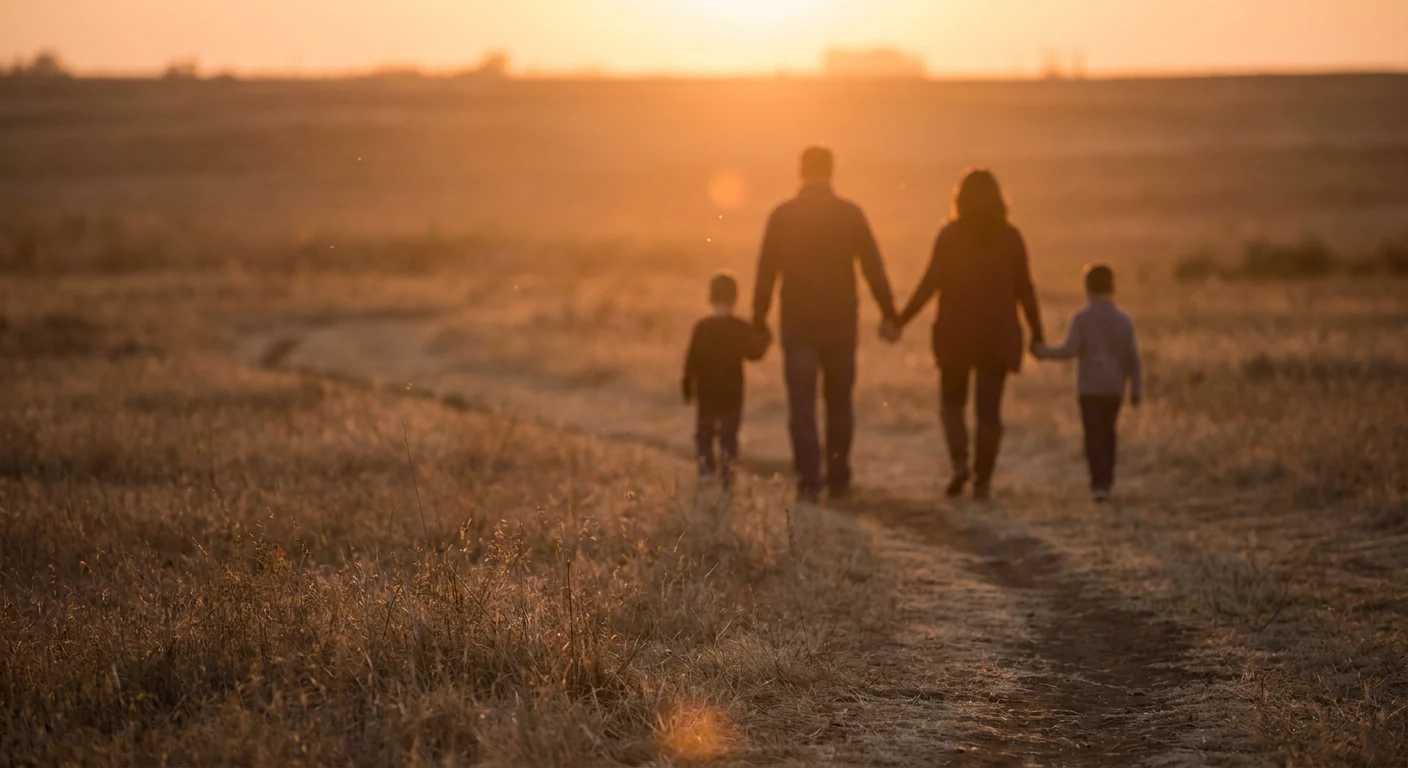 A family walking together along a path at sunset
