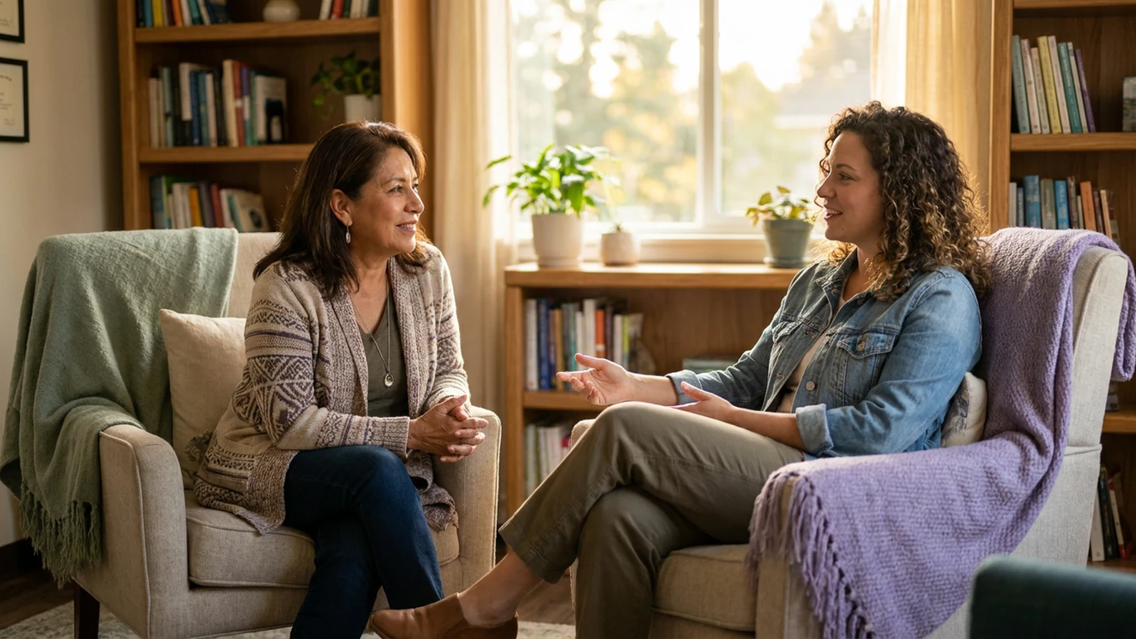 A therapist and a client talking together in a warm, sunlit room