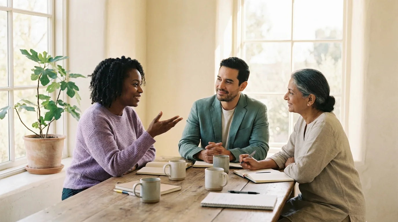 Therapists from different backgrounds talking together in a bright, comfortable consulting room